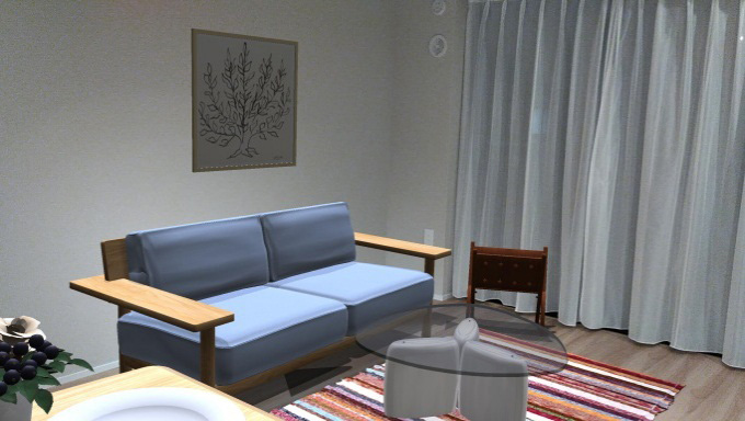 AR技術で3Dの家具が出現しているリビングダイニングイメージ