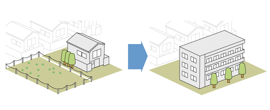 一戸建てと空き地を利用し、賃貸マンションを開発